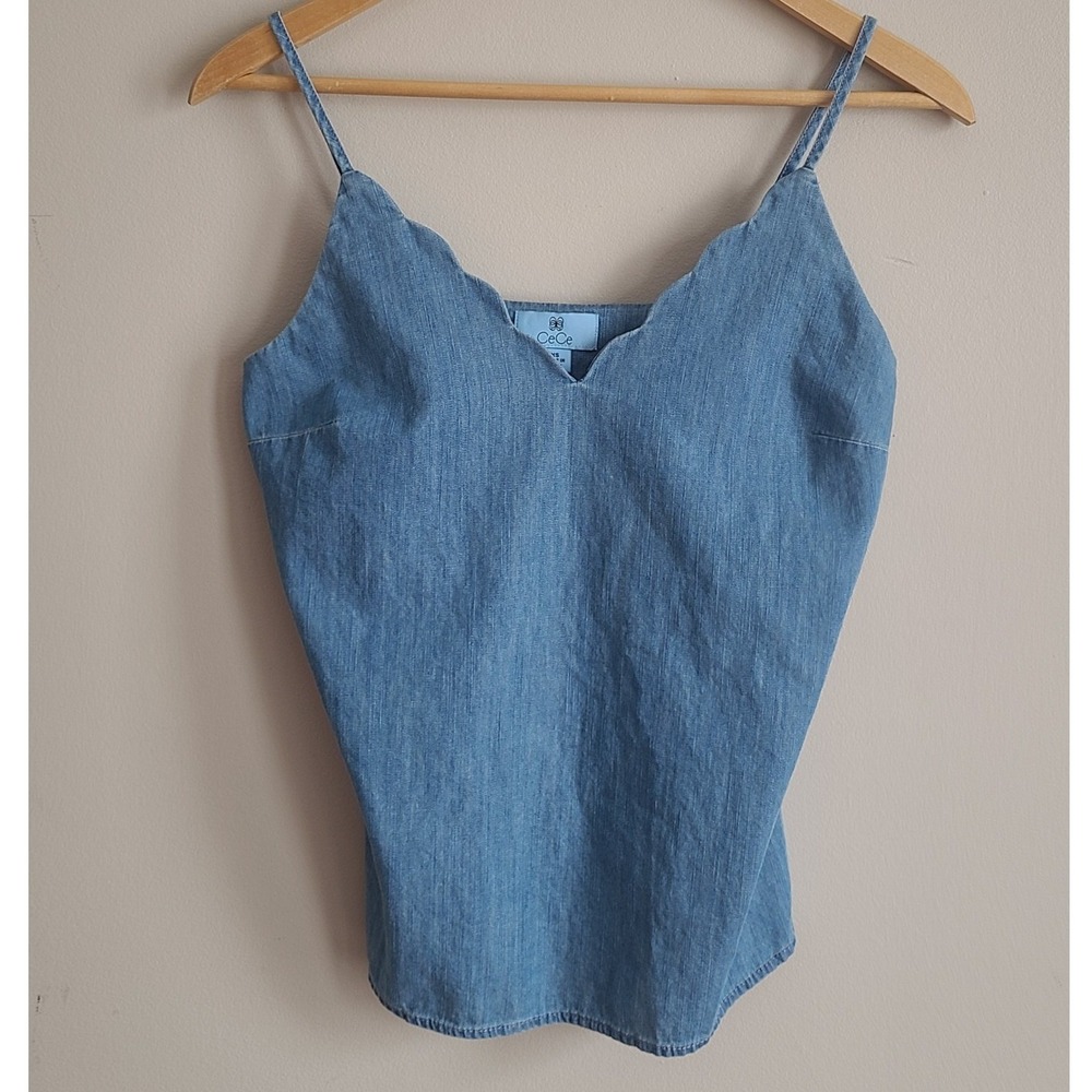 CeCe Denim Camisole Scalloped V-Neck Cotton Chambray Denim Tank Top Womens XS‎